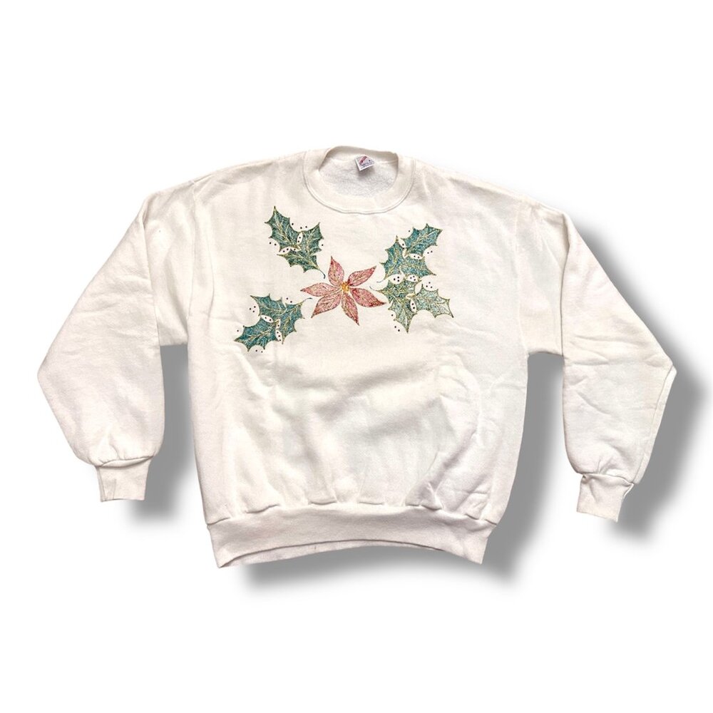 Vintage 80s Jerzees Holly Puff Paint White Sweatshirt Unisex Sz Large Christmas